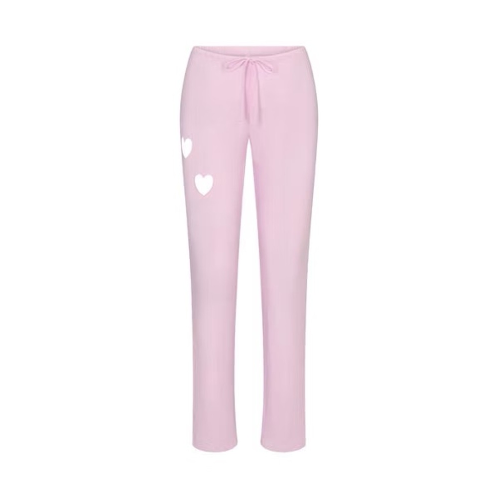SKIMS Pink Ribbed Lounge Pants with Heart Details